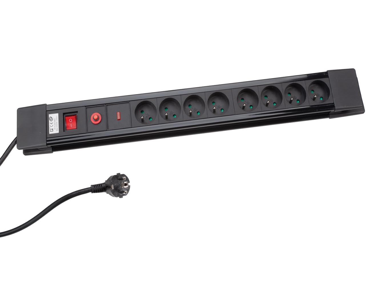 PEREL EBP08SN Stekkerdoos met schakelaar en overspanningsbeveiliging, 8 stopcontacten met penaarde (type E), 1,5 m kabel, 3500 W, IP20, zwart, inclusief montagemateriaal