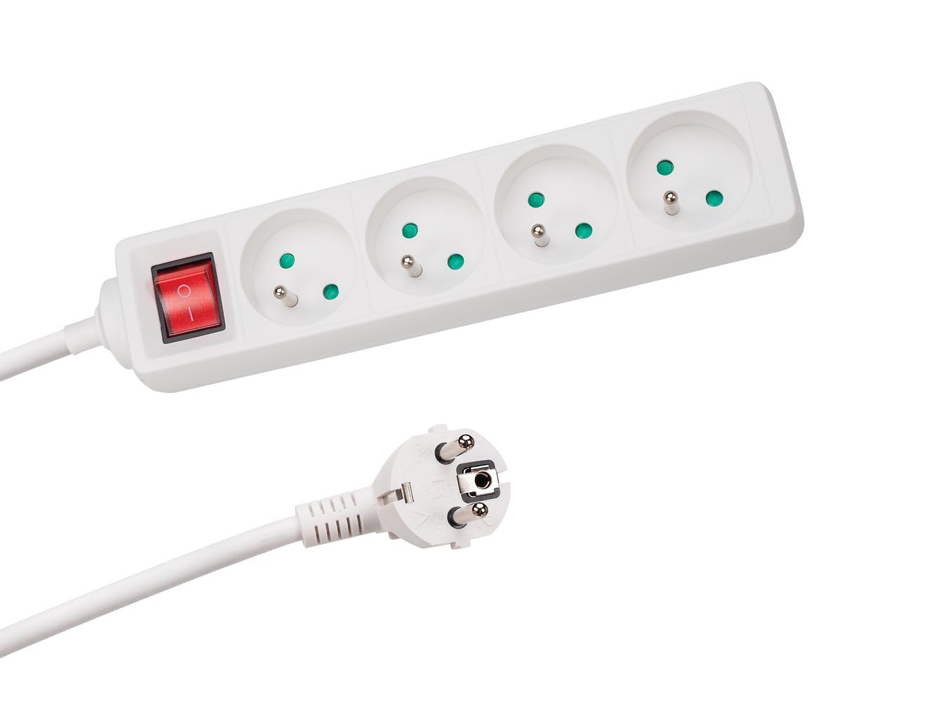 PEREL EB4S Stekkerdoos met schakelaar, 4 stopcontacten type E met kinderbeveiliging, 1.5 m kabel H05VV-F 3G1.5, 3680 W, energiezuinig verlengsnoer voor binnen, wit, IP20, 16 A, 230 V