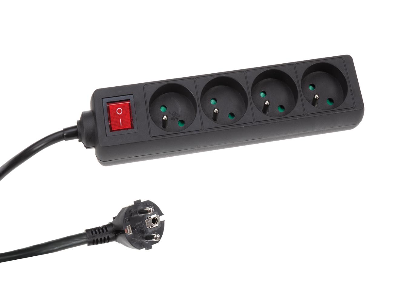 PEREL EB4BLNS Stekkerdoos met schakelaar, 4 stopcontacten type E met kinderbeveiliging, 1.5 m kabel H05VV-F 3G1.5, 3680 W, compacte stroomverdeler voor binnen, zwart, IP20, 16 A, 230 V
