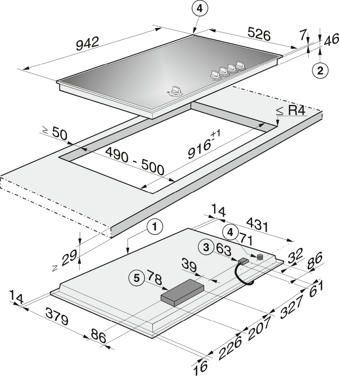 MIELE KM3054-1 gaskookplaat - 94cm MIELE KM3054-1 gaskookplaat - 94cm