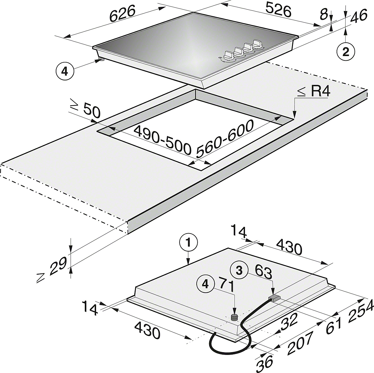 MIELE KM3010G gaskookplaat - 63cm MIELE KM3010G gaskookplaat - 63cm
