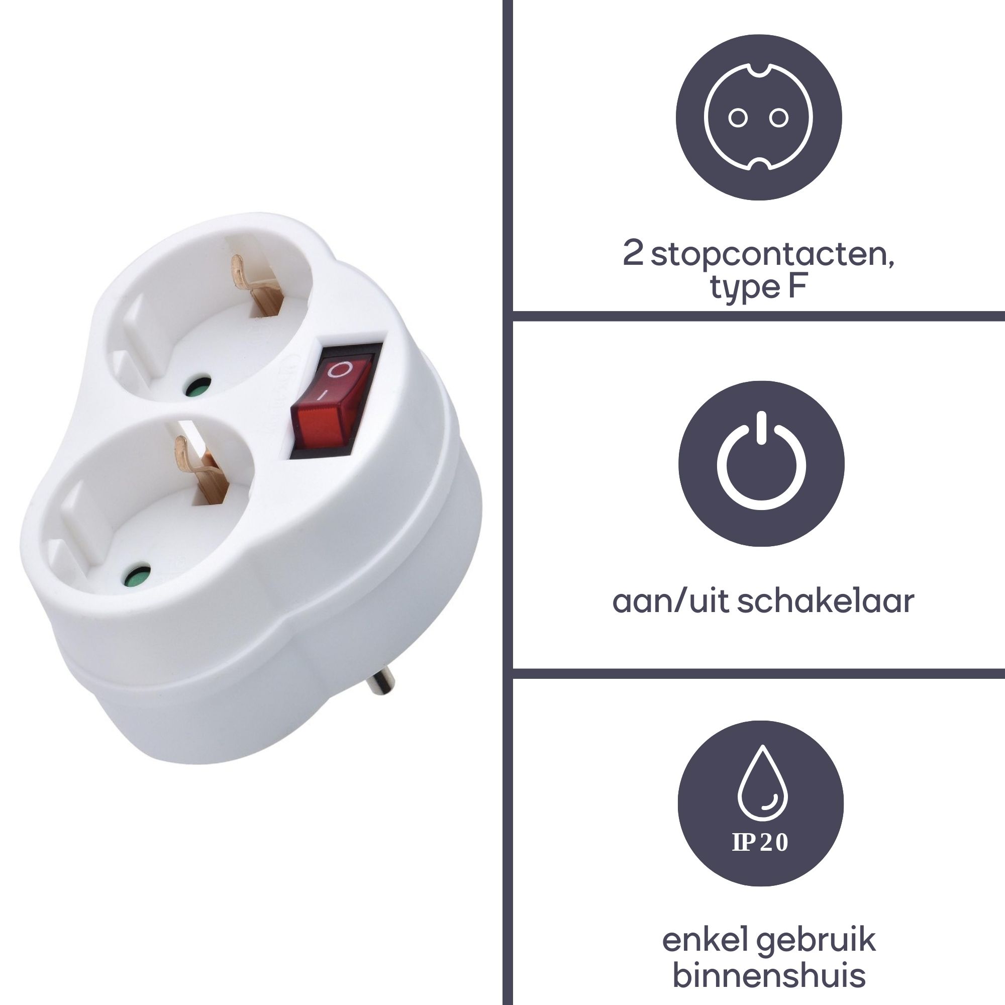 PEREL EB2SWN-G Stekkerdoos 2-voudig met schakelaar, stekker splitter, stopcontact meervoudig, 2 stopcontacten met randaarde type F met aarding Duitsland Schuko, gebruik binnenshuis, wit