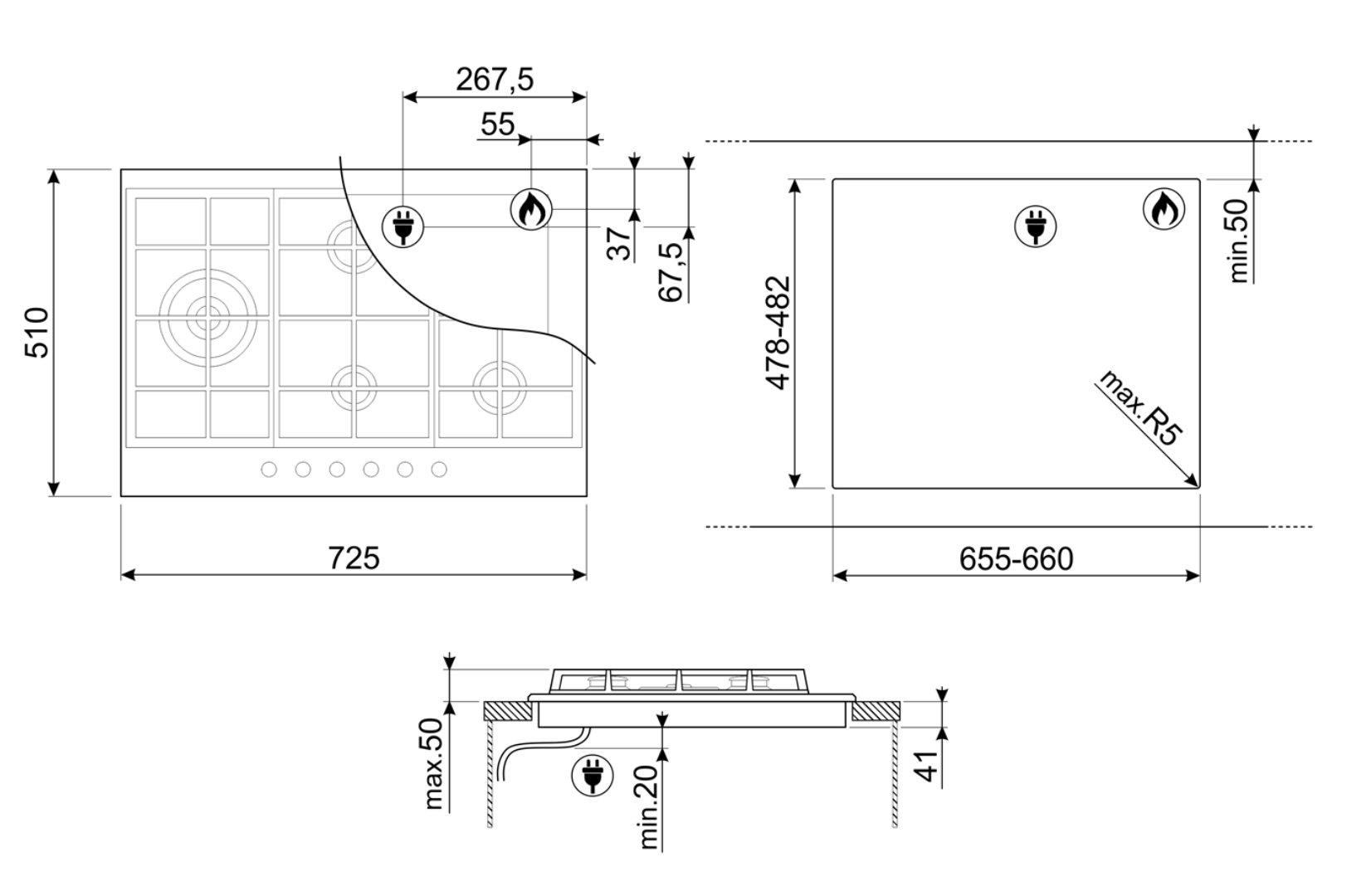 SMEG PX375LMB gaskookplaat - 72cm SMEG PX375LMB gaskookplaat - 72cm
