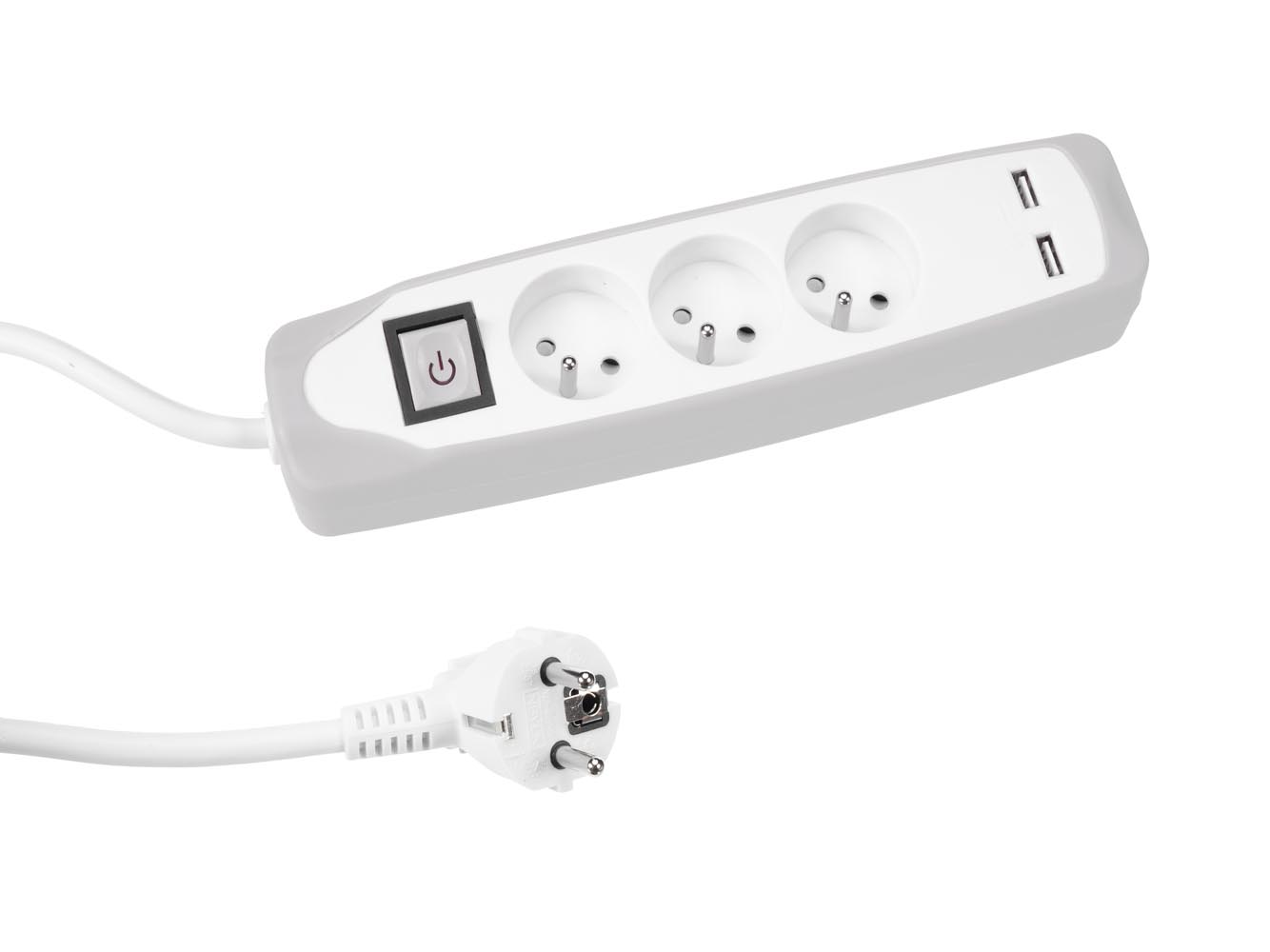 PEREL EB3CGUSB Stekkerdoos met schakelaar, 3 stopcontacten type E met kinderbeveiliging, 2 USB-poorten, 1.5 m kabel H05VV-F 3G1.5, 3500 W, wit/grijs, IP20, 16 A, 230 V