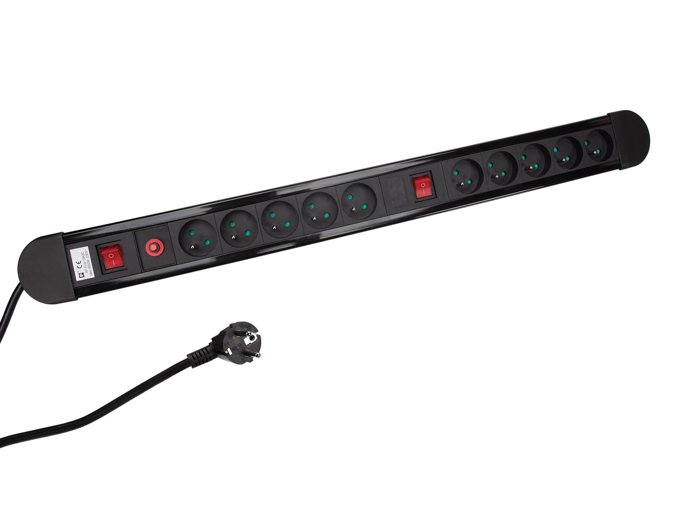 PEREL EBP10N Stekkerdoos met schakelaar en overspanningsbeveiliging, 10 stopcontacten met penaarde (type E), 1,5 m kabel H05VV-F 3G1.5, 3500 W, IP20, zwart, inclusief montagemateriaal