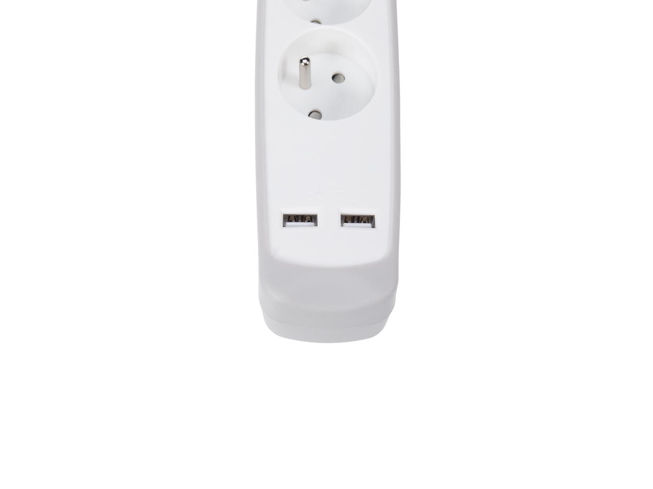 PEREL EB3CGUSB Stekkerdoos met schakelaar, 3 stopcontacten type E met kinderbeveiliging, 2 USB-poorten, 1.5 m kabel H05VV-F 3G1.5, 3500 W, wit/grijs, IP20, 16 A, 230 V