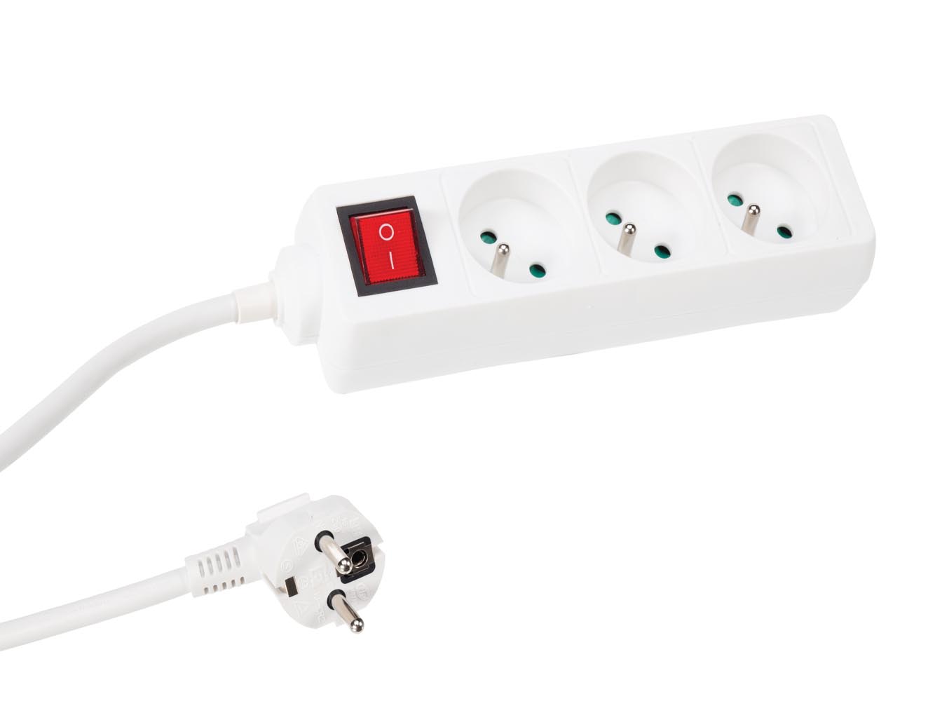 PEREL EB3S Stekkerdoos met schakelaar, 3 stopcontacten type E met kinderbeveiliging, 1.5 m kabel H05VV-F 3G1.5, 3680 W, energiezuinig verlengsnoer voor binnen, wit, IP20, 16 A, 230 V