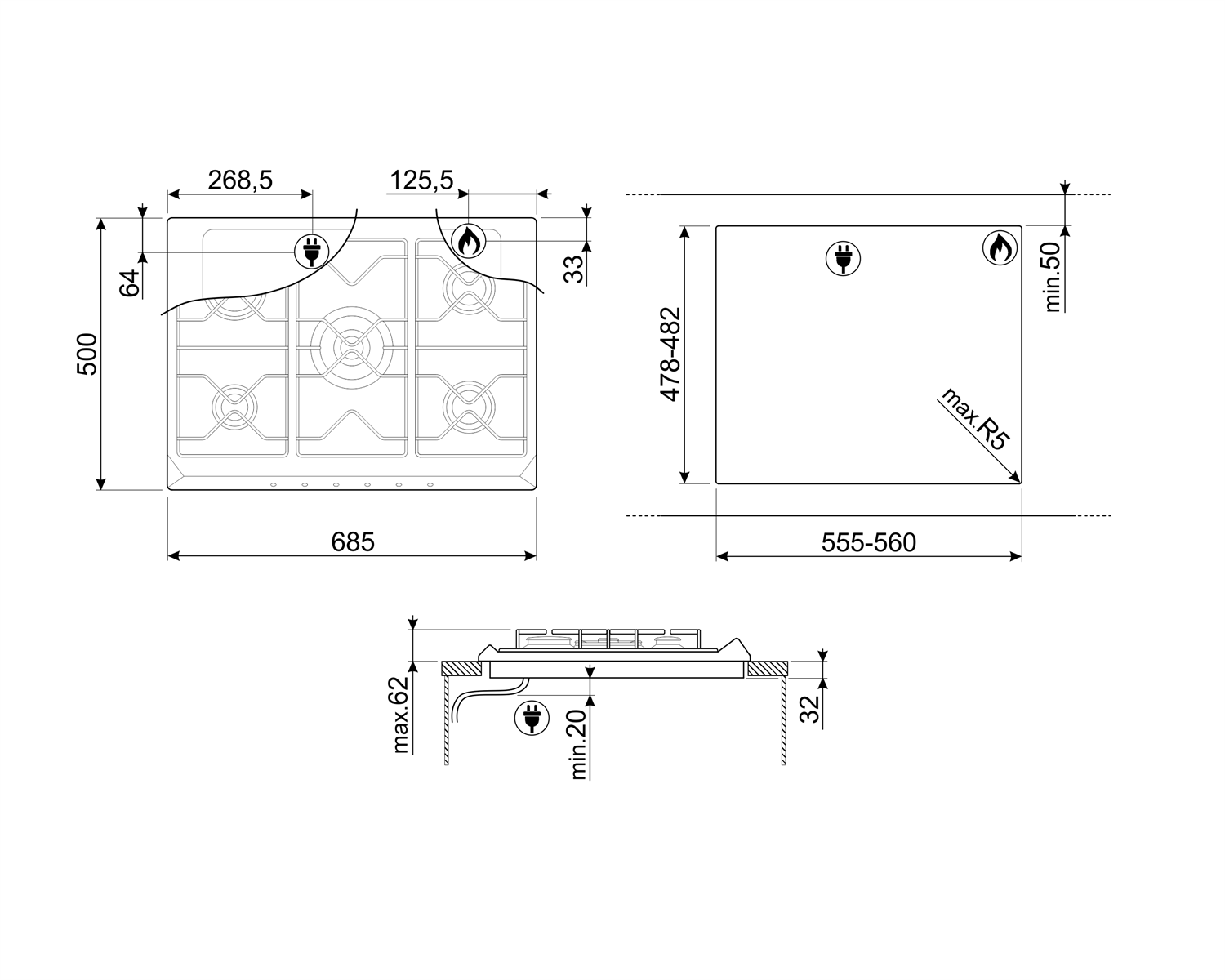 SMEG SE775GH5 gaskookplaat - 70cm  SMEG SE775GH5 gaskookplaat - 70cm