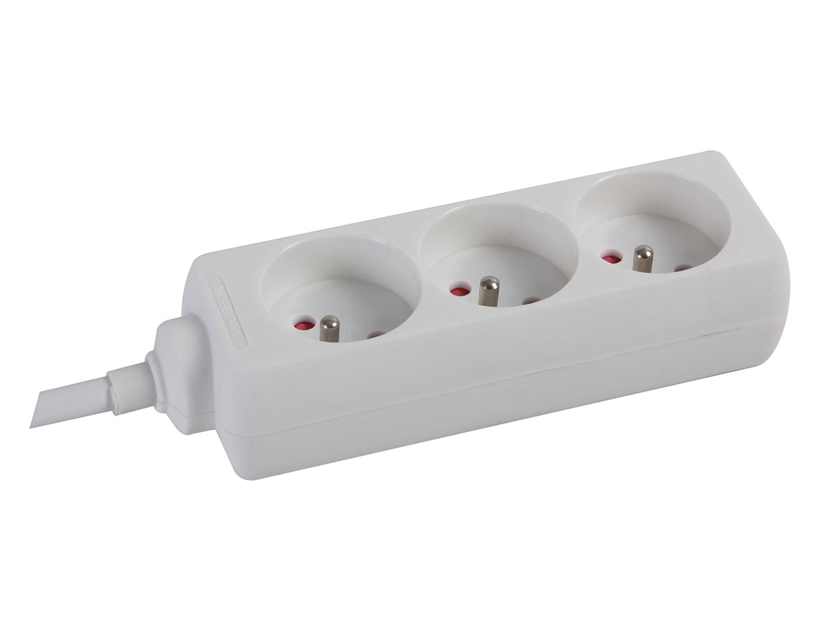PEREL EB3 Stekkerdoos, 3 stopcontacten met penaarde (type E) en kinderbeveiliging, 1,5 m kabel H05VV-F 3G1.5, 3680 W, compacte verlengstekker voor binnen, wit, IP20, 16 A, 230 V