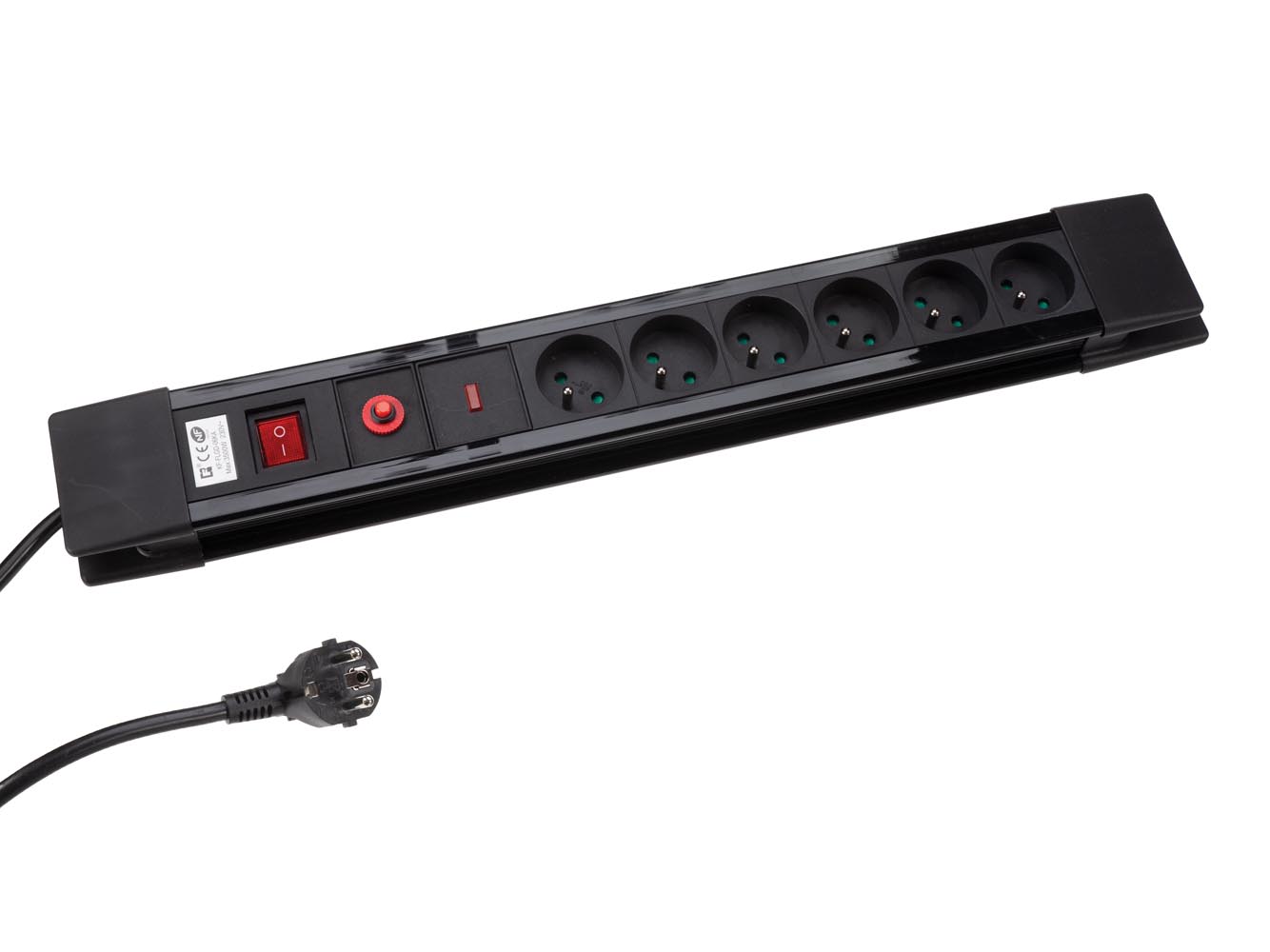 PEREL EBP06SN Stekkerdoos met schakelaar en overspanningsbeveiliging, 6 stopcontacten met penaarde (type E), 1,5 m kabel, 3500 W, IP20, zwart, inclusief montagemateriaal