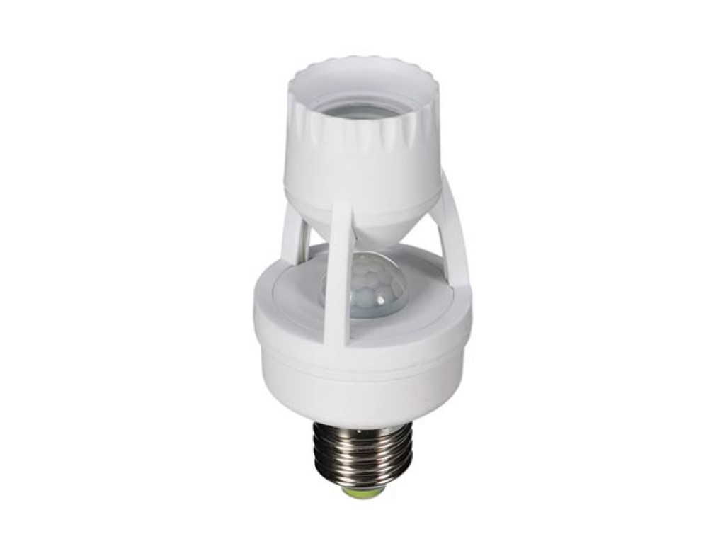 PEREL EMS107 PIR bewegingssensor met E27 lampfitting voor binnen, 360° detectiehoek, bereik tot 6 m, IP20, automatische verlichting en energiebesparing, wit